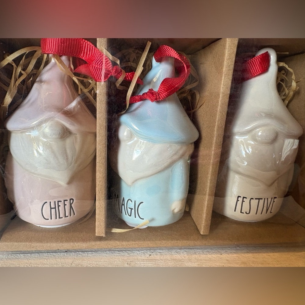 Set of Ceramic Rae Dunn Gnome Ornaments with Red Ribbons